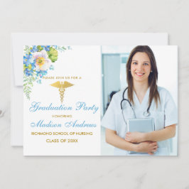 Nurse Blue Floral Gold Afstudeerder Party Invite Kaart