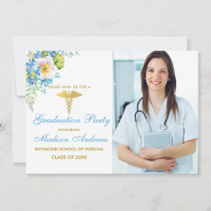 Nurse Blue Floral Gold Afstudeerder Party Invite Kaart