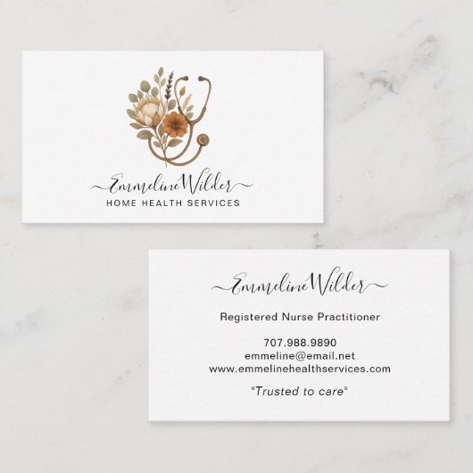 Nurse Caregiver Floral Stethoscope Business Card Visitekaartje (Voorkant / Achterkant)