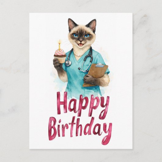 Nurse Cat with Cake and text Happy Birthday  Briefkaart (Voorkant)