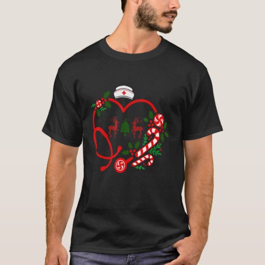 Nurse Christmas Heart Stethoscope RN LPN Scrub Nur T-shirt (Voorkant)
