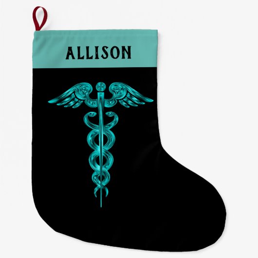 Nurse Doctor Caduceus Symbol Turquoise Black Grote Kerstsok (Voorkant)