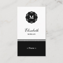 Nurse Elegant Black Lace Monogram Visitekaartje