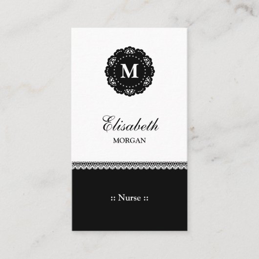 Nurse Elegant Black Lace Monogram Visitekaartje (Voorkant)