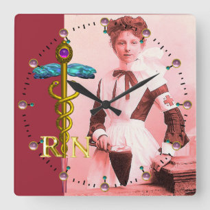  NURSE en Gold Caduceus NR Emblem Vierkante Klok
