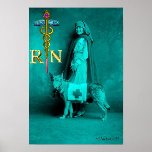 NURSE EN RESCUE DOG/Gold Caduceus RN Emblem Poster (Voorkant)