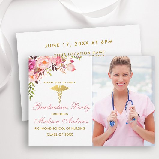 Nurse Floral Pink Afstudeerder Party Invite Gold Kaart
