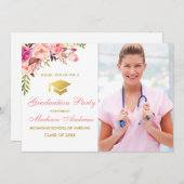 Nurse Floral Pink Afstudeerder Party Invite Kaart (Voorkant / Achterkant)