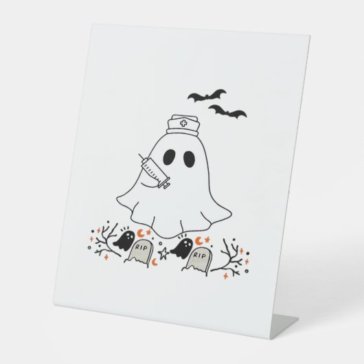 Nurse Ghost Schattige Halloween Design Classic T-s Reclamebord Met Voetstuk (Voorkant)