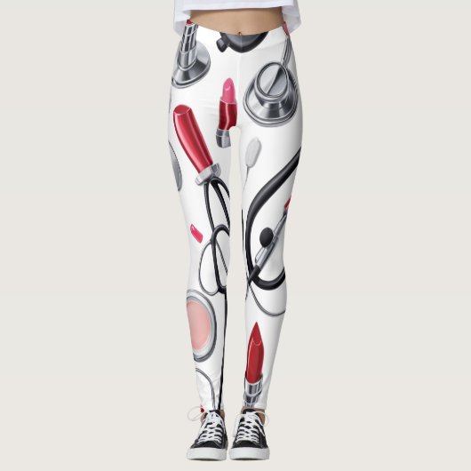 Nurse Glam - Stethoscoop & Lipstick Pattern Leggings (Voorkant)