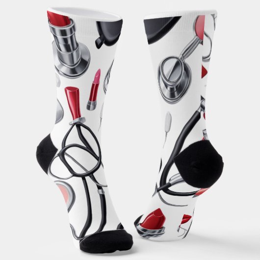 Nurse Glam - Stethoscoop & Lipstick Pattern Sokken (Gebogen)