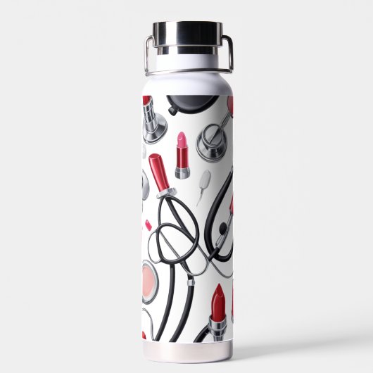 Nurse Glam - Stethoscoop & Lipstick Pattern Waterfles (Achterkant)