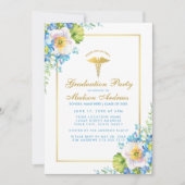 Nurse Gold Blue Floral Afstudeerder Party Invite B Kaart (Voorkant)