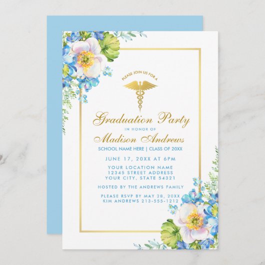 Nurse Gold Blue Floral Afstudeerder Party Invite B Kaart (Voorkant / Achterkant)