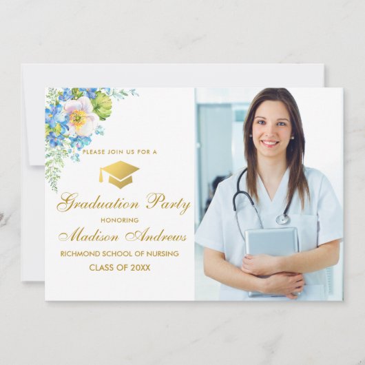 Nurse Gold Blue Floral Afstudeerder Party Invite Kaart (Voorkant)