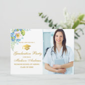 Nurse Gold Blue Floral Afstudeerder Party Invite Kaart (Staand voorkant)
