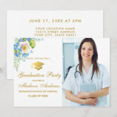 Nurse Gold Blue Floral Afstudeerder Party Invite Kaart (Voorkant / Achterkant)