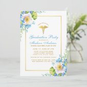 Nurse Gold Blue Floral Afstudeerder Party Invite S Kaart (Staand voorkant)