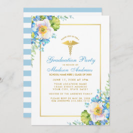 Nurse Gold Blue Floral Afstudeerder Party Invite S Kaart