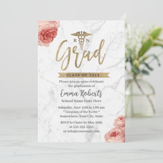 Nurse Graduation Party Floral White Marble Kaart (Staand voorkant)