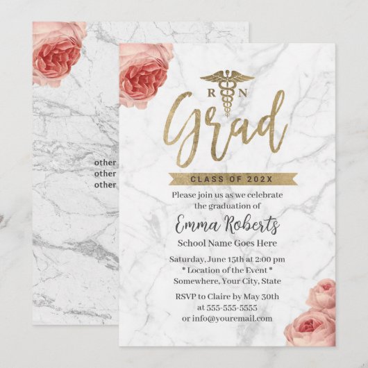 Nurse Graduation Party Floral White Marble Kaart (Voorkant / Achterkant)