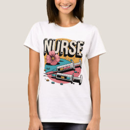 NURSE Kleurrijke Spuit & Roze Bloem T-shirt
