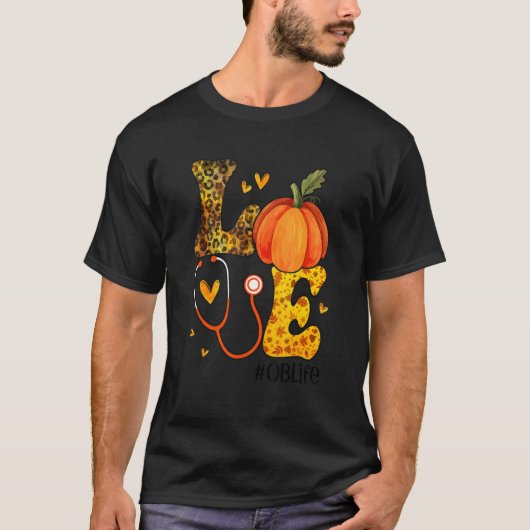 Nurse Leopard Pumpkin Thanksgiving Love OB Nurse L T-shirt (Voorkant)