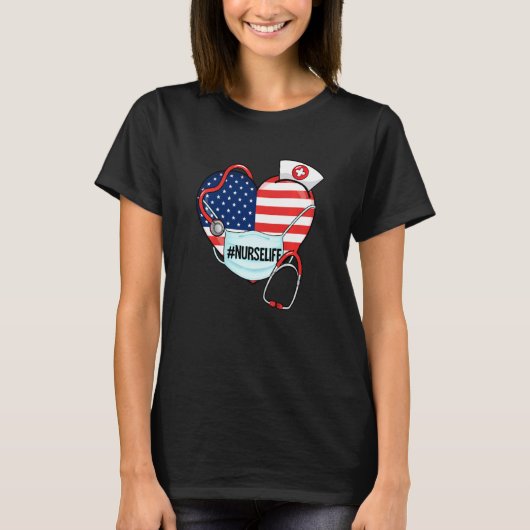 Nurse Life American Heart Flag Mask Stethosco T-shirt (Voorkant)