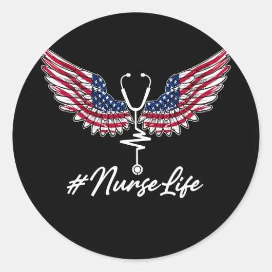 Nurse Life Angel Wings American Flag Stethoscope Ronde Sticker (Voorkant)