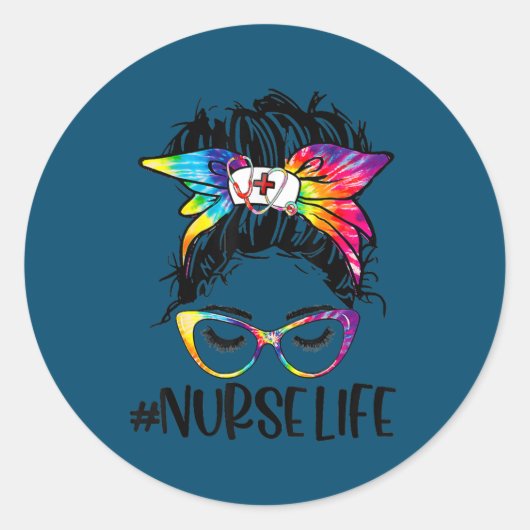 Nurse Life Messy Bun Tie Dye Glasses Bandana Ronde Sticker (Voorkant)