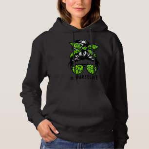 Nurse Life Messy Hair Bun Leopard Glasses Nursing Hoodie