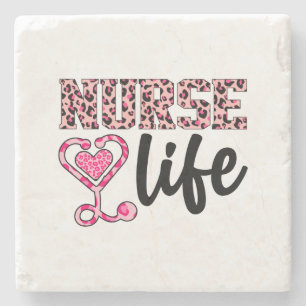 Nurse Life - roze en luipaardprint (2) Stenen Onderzetter