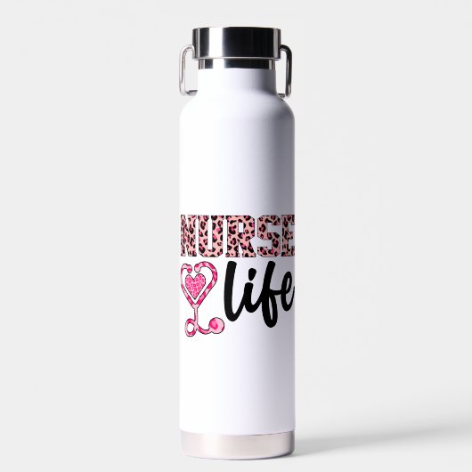 Nurse Life - roze en luipaardprint (2) Waterfles (Voorkant)