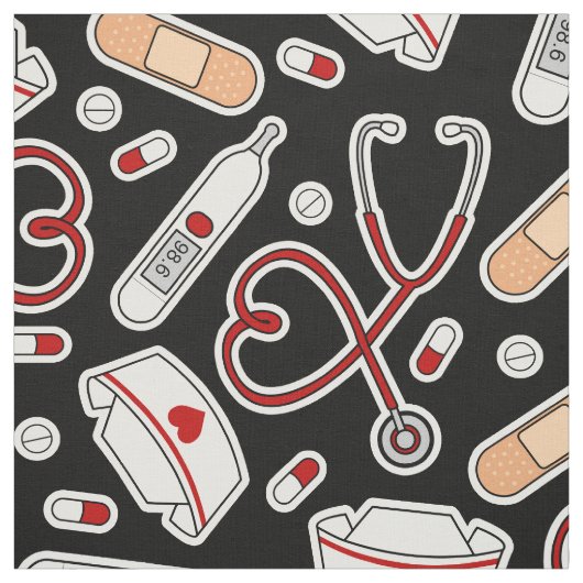 Nurse Love Pattern Black Stof (Swatch)