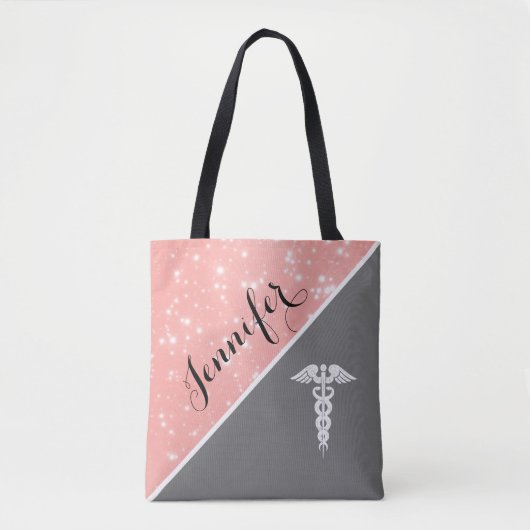Nurse Medical Caduceus Blush Pink Faux Glitter Tote Bag (Voorkant)