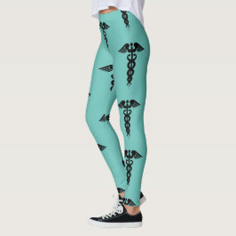 Nurse Medical Caduceus Pattern Blauwgroen Black Leggings