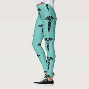 Nurse Medical Caduceus Pattern Blauwgroen Black Leggings
