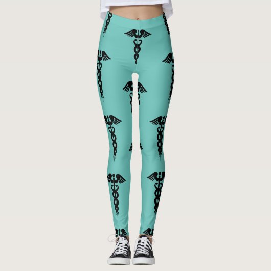 Nurse Medical Caduceus Pattern Blauwgroen Black Leggings (Voorkant)