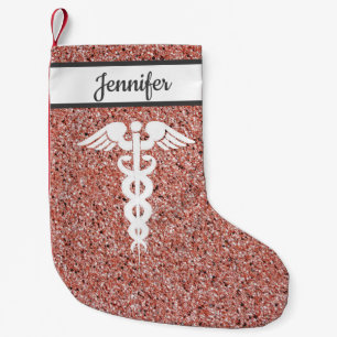 Nurse Medical Caduceus Roos Gold Glitter Name Kleine Kerstsok