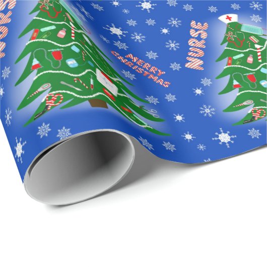 Nurse Merry Christmas Tree blauwe achtergrond Cadeaupapier (Rol Hoek)