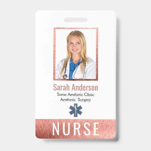 Nurse Photo Logo Barcode Roos Gold Pink Classic Badge (Voorkant)