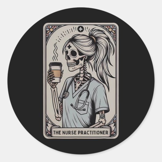 Nurse Practitioner Tarot Kaart Skeleton Halloween Ronde Sticker (Voorkant)