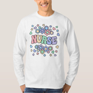 NURSE-Retro Groovy , bloemen, harten, sterren T-shirt