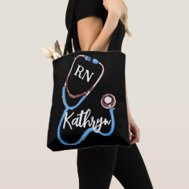 Nurse RN Blue Pink Stethoscoop Black Minimalist Tote Bag