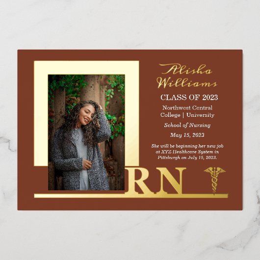 Nurse RN Caduceus Foto Afstuderen Terracotta Folie Uitnodiging (Voorkant)