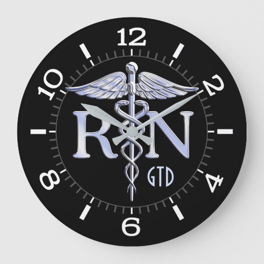Nurse RN Caduceus Monogram Dial Style op zwart Grote Klok (Voorkant)