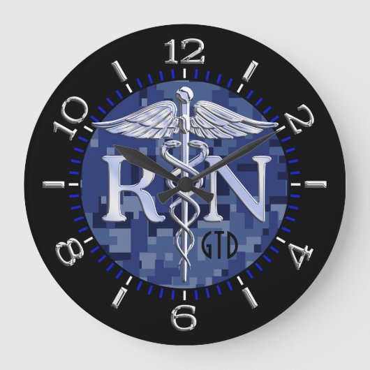 Nurse RN Caduceus Monogram wijzerplaat Stijl op bl Grote Klok (Voorkant)