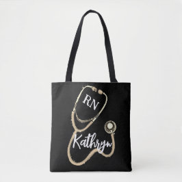 Nurse RN Gold Stethoscope Black Minimalist Tote Bag