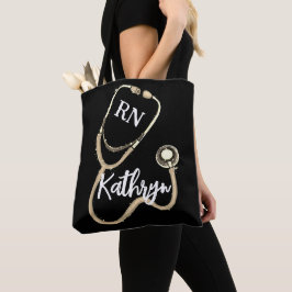 Nurse RN Gold Stethoscope Black Minimalist Tote Bag