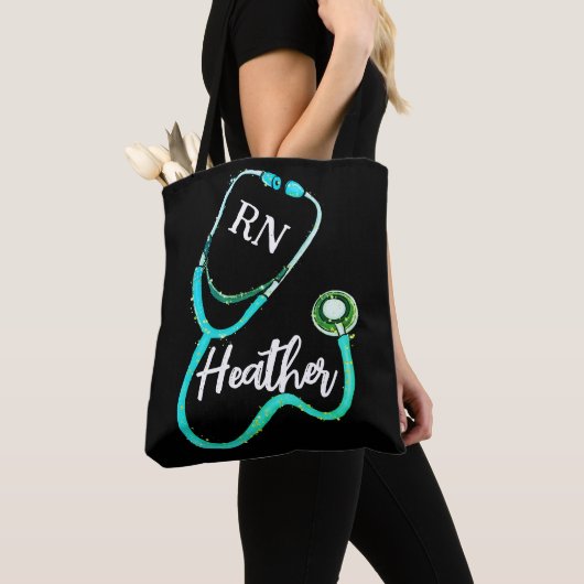 Nurse RN Green Blauwgroen Stethoscoop Black Minima Tote Bag (Dichtbij)
